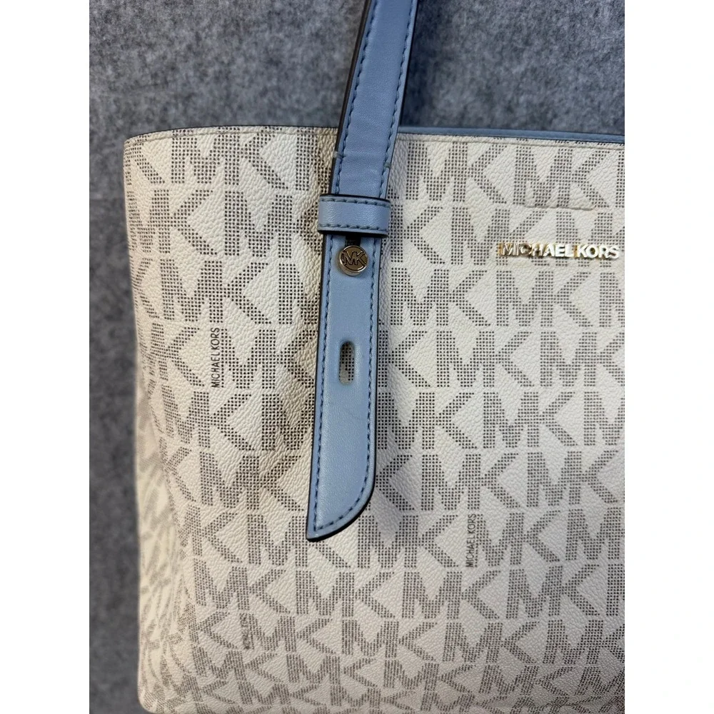 Michael Kors Charlotte Large Tote Bag Signature Logo‎ Cream Blue Gold Hardware